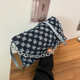 墨藍色帆布牛仔布料棋盤式格仔紋翻蓋款鏈條手柄斜背包