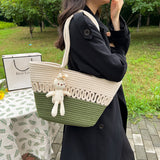 綠色拼色波浪紋剪裁細節籃子形草織包 (附兔子公仔吊飾)