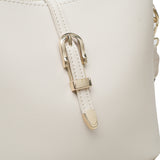 白色彷皮特色扣帶設計條紋肩帶水桶形斜背包