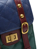 藍綠色彷皮菱格絎縫復古優雅風格鏈條兩用直身手機包 (附貓頭鷹毛球吊飾)