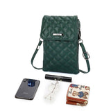 綠色彷皮菱格絎縫翻蓋雙隔層長身手機包款斜背包