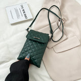 綠色彷皮菱格絎縫翻蓋雙隔層長身手機包款斜背包
