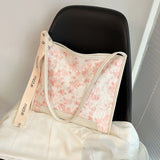 粉色彷皮清新可愛花卉圖案印花設計帶子綴飾側背包