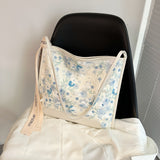 藍色彷皮清新可愛花卉圖案印花設計帶子綴飾側背包