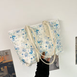 藍色彷皮清新可愛花卉圖案印花設計大容量托特包