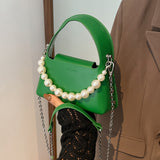 綠色彷皮優雅人造珍珠掛飾設計圓釘細節闊手柄兩用斜背包