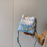 藍色彷皮馴鹿圖案印花金屬鏈條磁扣雙隔層兩用水桶包