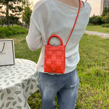 紅色彷皮格子十字形編織面板設計手提斜背直身包