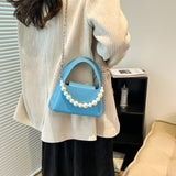 藍色彷皮優雅人造珍珠掛飾設計圓釘細節闊手柄兩用斜背包