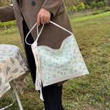 綠色彷皮清新可愛花卉圖案印花設計帶子綴飾側背包