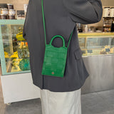 綠色彷皮格子十字形編織面板設計手提斜背直身包