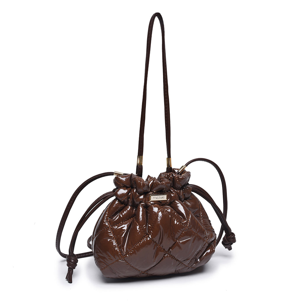 棕色彷皮漆皮光澤感可愛小包裹束繩設計側背包