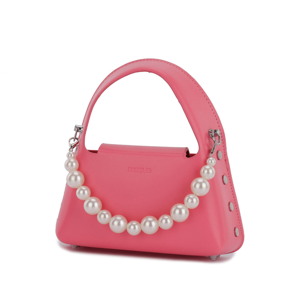 桃紅色彷皮優雅人造珍珠掛飾設計圓釘細節闊手柄兩用斜背包