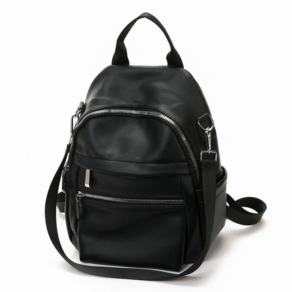 黑色彷皮多層次拉鍊口袋設計功能性兩用後背包