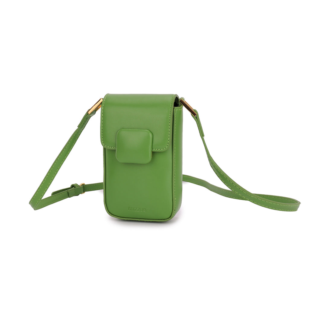 綠色彷皮簡約幾何風格磁扣翻蓋斜背手機包