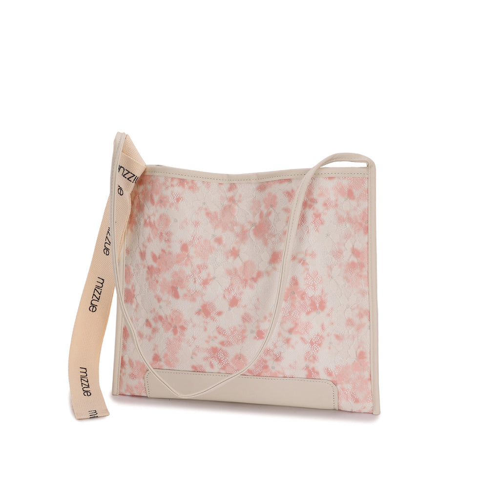 粉色彷皮清新可愛花卉圖案印花設計帶子綴飾側背包