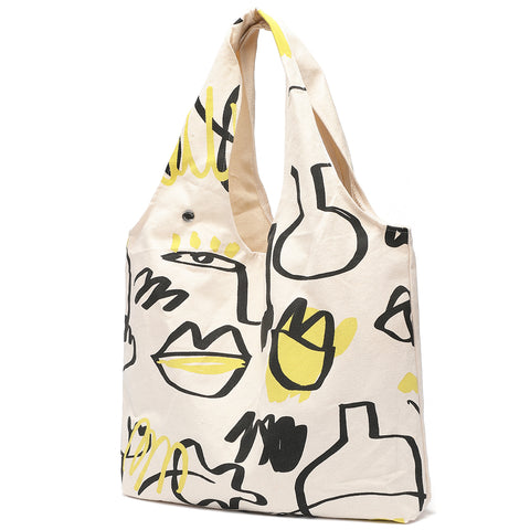 米白色帆布抽象藝術印花環保便攜包