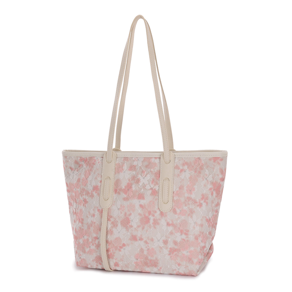 粉色彷皮清新可愛花卉圖案印花設計大容量托特包