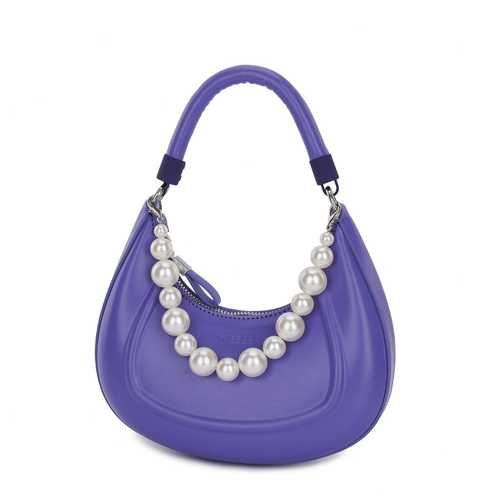 紫色彷皮優雅人造珍珠掛飾線條剪裁餃子形手提斜背包