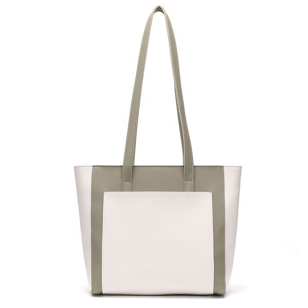 綠色彷皮併色面前口袋設計側背包