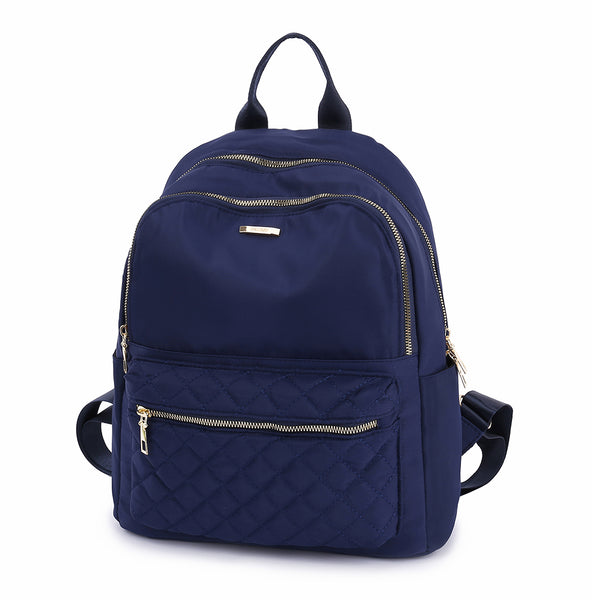 墨藍色厚質尼龍菱格絎縫前拉鍊口袋設計大容量後背包