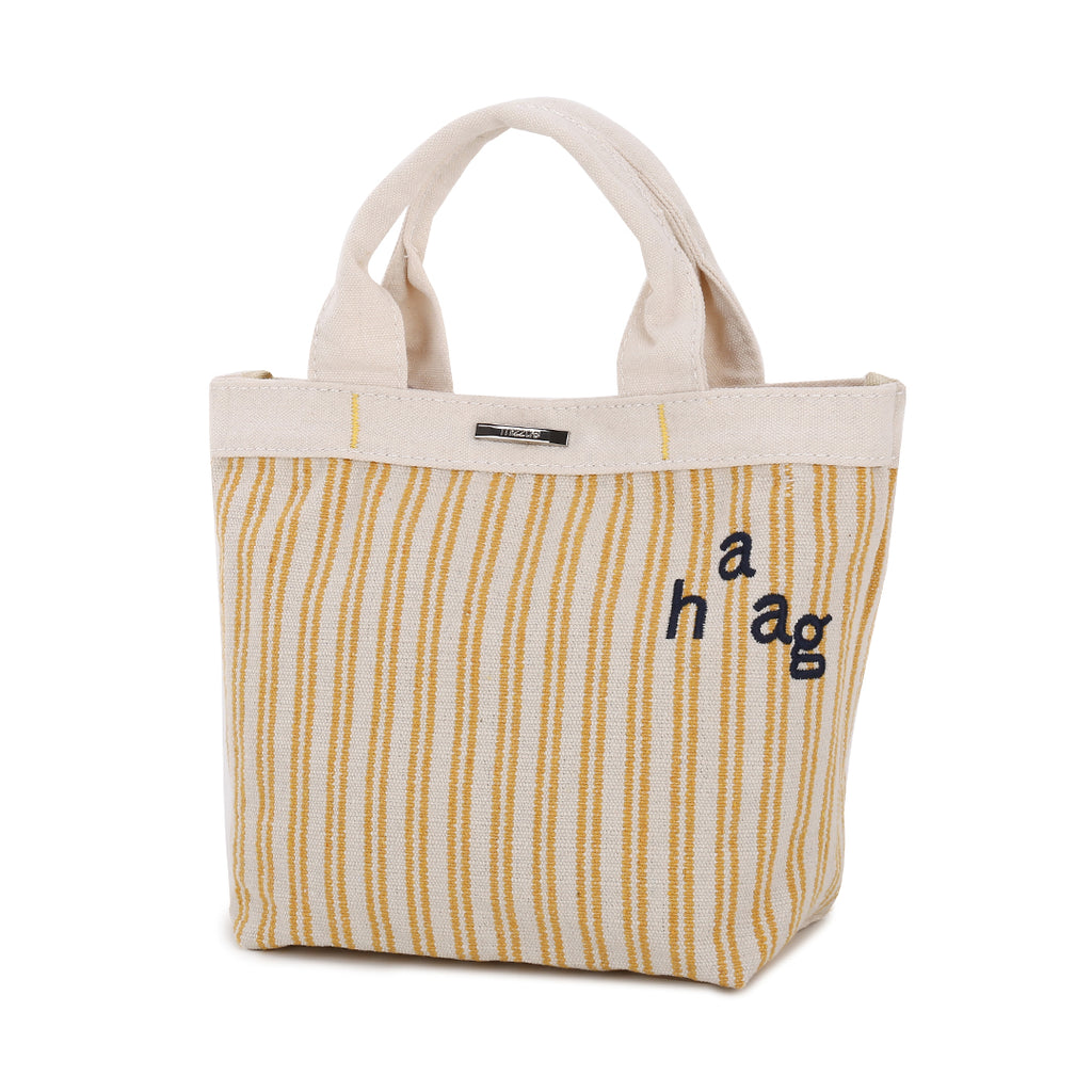 黃色帆布直條紋英文字母繡花設計手提包