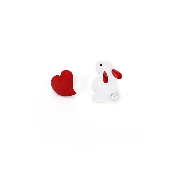 紅色925銀針白兔子浪漫甜心不對稱款式耳環