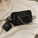 黑色彷皮型格摩托風金屬鏈條小包吊飾拉鍊袋腰包款斜背包