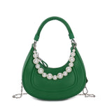 綠色彷皮優雅人造珍珠掛飾線條剪裁餃子形手提斜背包