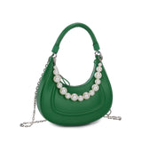 綠色彷皮優雅人造珍珠掛飾線條剪裁餃子形手提斜背包