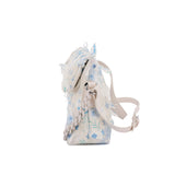 藍色彷皮清新可愛花卉圖案印花設計鏈條細節斜背包 (附貓頭鷹毛球吊飾)
