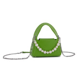 果綠色彷皮優雅人造珍珠掛飾設計圓釘細節闊手柄兩用斜背包