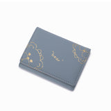 藍色彷皮可愛金色卡通熊印花文字圖案設計摺疊式短款錢包