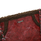 紅色彷皮雲石紋光澤皺感效果菱格絎縫絨毛邊框兩用托特包