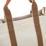 棕色帆布帶條手柄仿皮飾邊側貼袋細節拉鍊兩用包