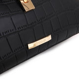 黑色彷皮鱷魚紋金屬旋扣帶時尚翻蓋雙隔層側背包