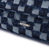 墨藍色帆布牛仔布料棋盤式格仔紋翻蓋款鏈條手柄斜背包