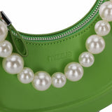 果綠色彷皮優雅人造珍珠掛飾線條剪裁餃子形手提斜背包