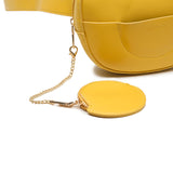 黃色彷皮圓形拉鍊小包吊飾口袋設計腰包款式斜背包